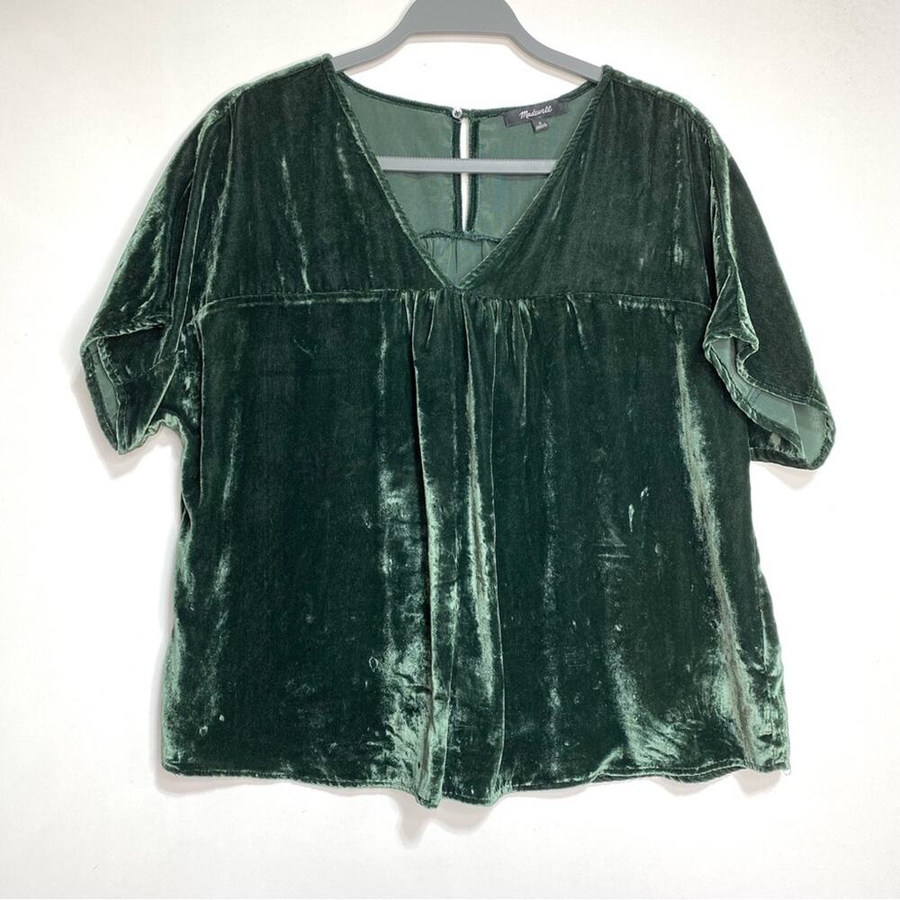 Madewell Velvet Rhyme Short Sleeve Pine Green V Neck Top S